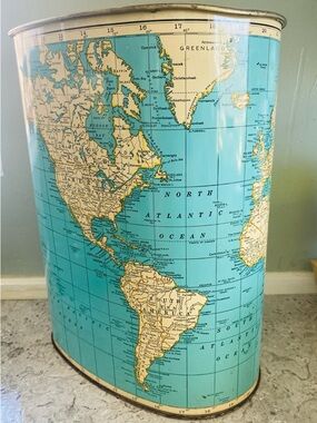 Vintage 70 Map Trash Can - Globe Print Rand McNally map by Weibo